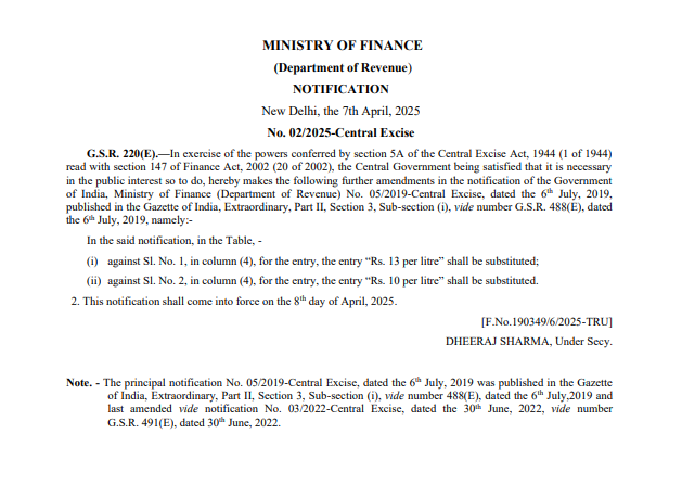 Central Government raises excise duty by Rs 2 each on petrol and diesel