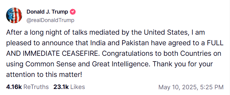 ट्रम्प ने भारत और पाकिस्तान के बीच तत्काल युद्ध विराम की घोषणा की! Trump announces immediate ceasefire between India and Pakistan!