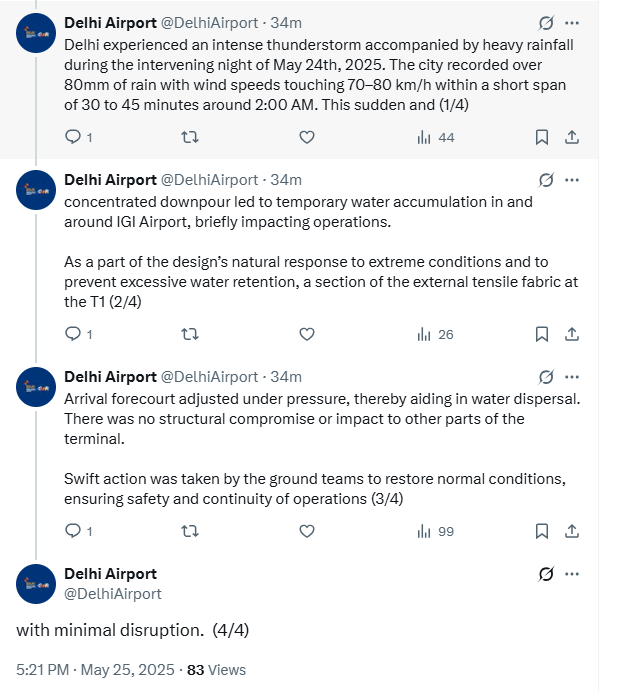Delhi Airport: आईजीआई एयरपोर्ट पर पानी के दबाव के कारण ढह गई टेन्साइल फैब्रिक की छत Delhi Airport: Tensile fabric roof collapsed due to water pressure at IGI airport
