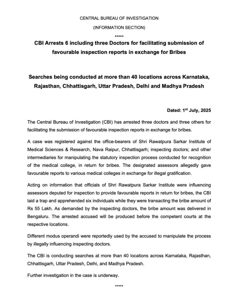 ₹55 Lakh Bribe Delivered in Bengaluru: CBI Arrests 3 Doctors for Manipulating Medical College Inspection