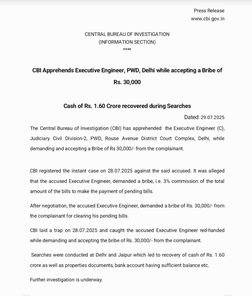 CBI catches Delhi PWD engineer: CBI ने दिल्ली के PWD इंजीनियर को ₹30,000 की रिश्वत लेते रंगे हाथों पकड़ा, ₹1.60 करोड़ नकद और संपत्ति दस्तावेज जब्त CBI catches Delhi PWD engineer red-handed taking ₹30,000 bribe, seizes ₹1.60 crore cash and property documents