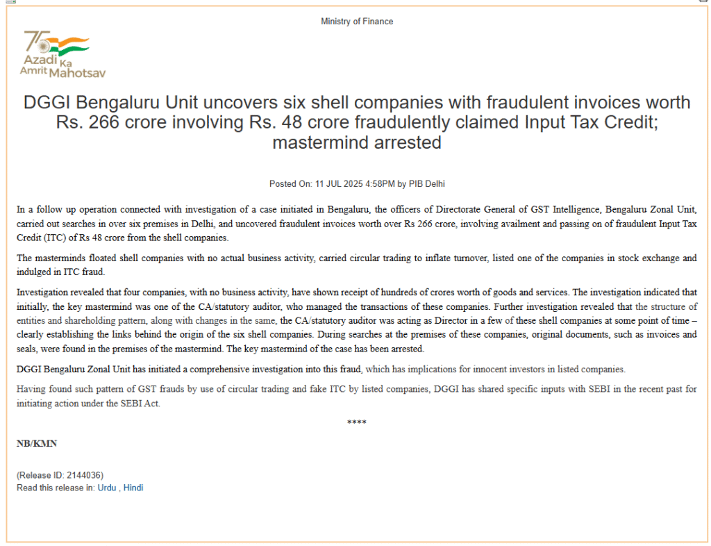 GST Fraud Busted: DGGI Bengaluru Unit Uncovers Rs 266 Cr Fake Invoices, Rs 48 Cr ITC Scam in Delhi Shell Firms