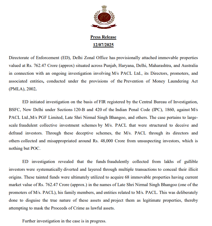 PACL scam: ईडी ने PACL घोटाले में ₹762.47 करोड़ की संपत्तियां अटैच कीं, ऑस्ट्रेलिया तक फैला है मामला ED attaches properties worth ₹762.47 crore in PACL scam, case extends to Australia