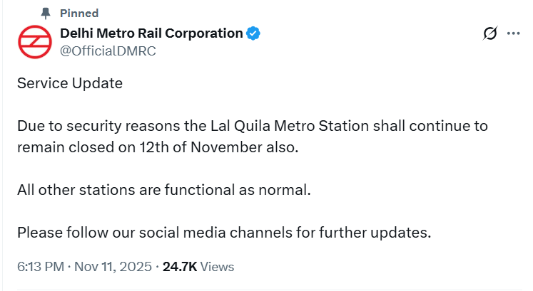 Lal Qila Metro Station Closure Extended: Red Fort Metro Station will remain closed on November 12 as well, DMRC has extended the restrictions due to security reasons.