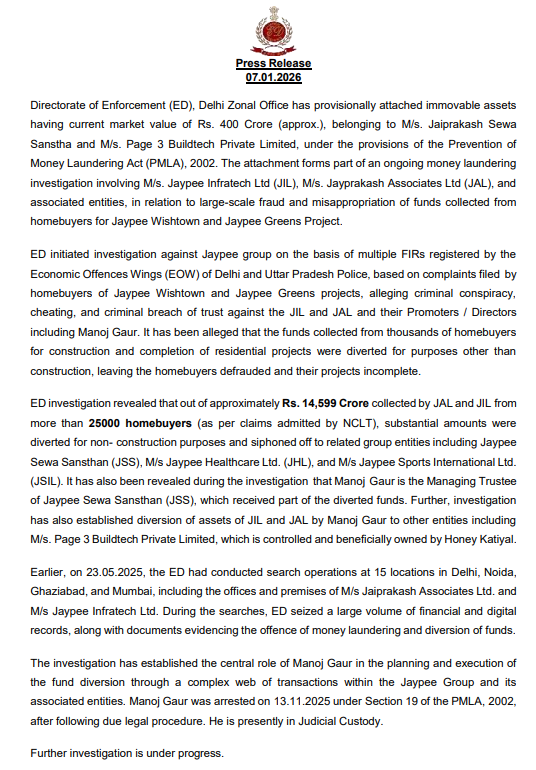 ED takes action against Jaypee Group: Assets worth ₹400 crore seized in homebuyers money laundering case