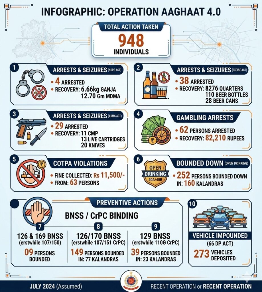 Operation AAGHAT 4.0: 4,000 people detained ahead of Holi, 35 weapons and 19,000 liquor bottles seized