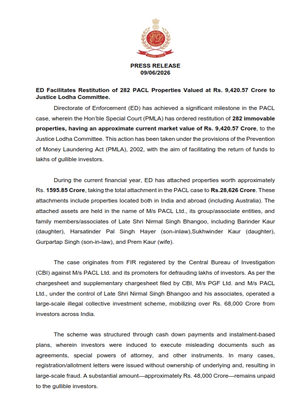 ईडी ने PACL की ₹9,420 करोड़ मूल्य की 282 संपत्तियां जस्टिस लोढ़ा समिति को सौंपीं; लाखों निवेशकों को राहत की उम्मीद