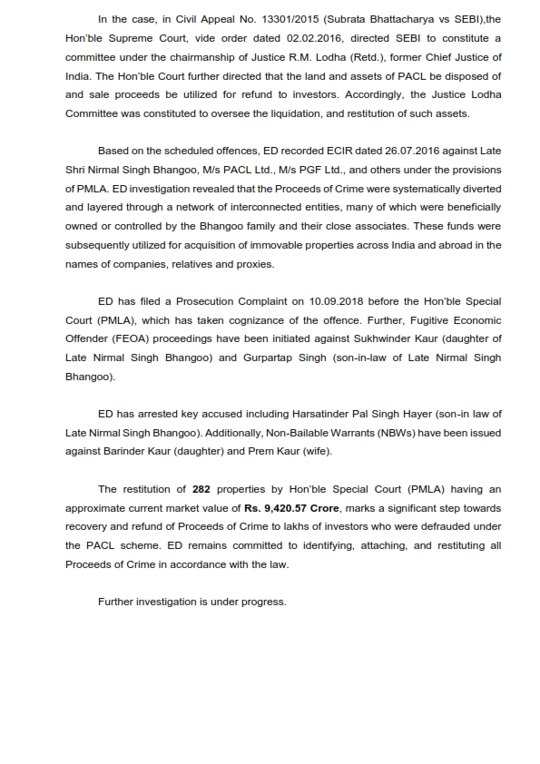 ईडी ने PACL की ₹9,420 करोड़ मूल्य की 282 संपत्तियां जस्टिस लोढ़ा समिति को सौंपीं; लाखों निवेशकों को राहत की उम्मीद