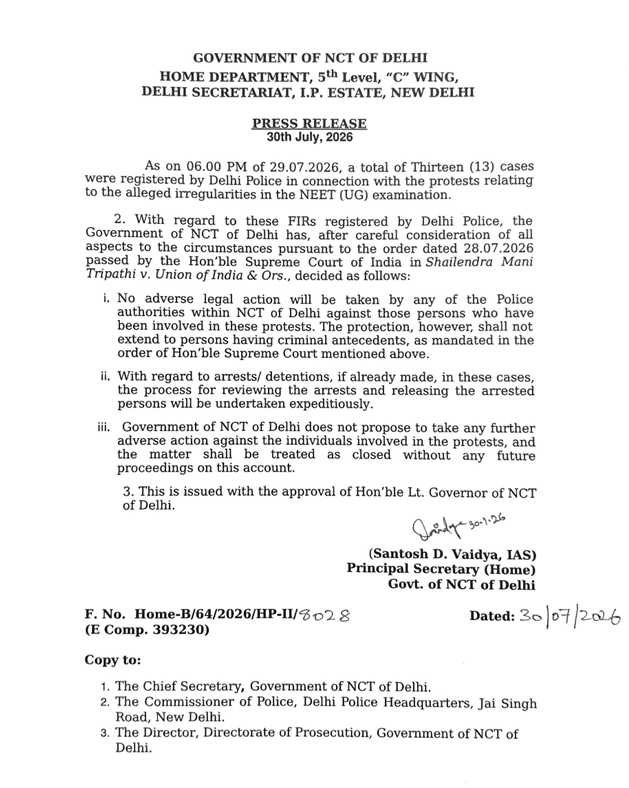 दिल्ली सरकार ने नीट विरोध प्रदर्शन मामलों को बंद किया, प्रदर्शनकारियों के खिलाफ आगे कानूनी कार्रवाई नहीं