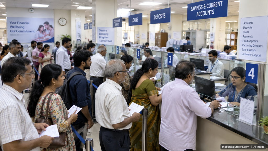 बैंक काउंटरों पर कतार में खड़े ग्राहकों का एआई प्रातिनिधिक चित्र; thebengalurulive.com | AI image लिखा है