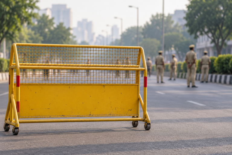 AI से बना सांकेतिक बैरिकेड और दूर खड़े पुलिसकर्मियों का चित्र; वास्तविक गिरफ्तारियों की तस्वीर नहीं