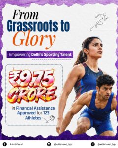 दिल्ली के 123 खिलाड़ियों के लिए ₹9.75 करोड़ मंजूर, पात्र एलीट खिलाड़ियों को ₹20 लाख तक सहायता दिल्ली के 123 खिलाड़ियों के लिए ₹9.75 करोड़ की स्वीकृत सहायता का ग्राफिक