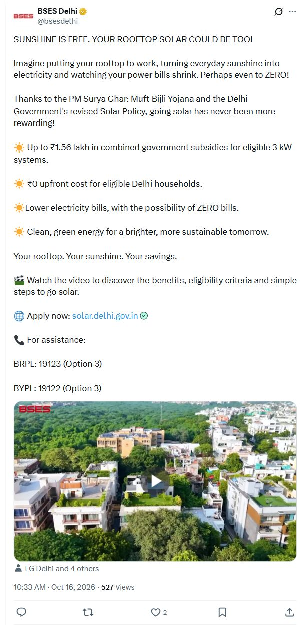 दिल्ली के पात्र घरों को रूफटॉप सोलर पर 1.56 लाख रुपये तक सब्सिडी: बीएसईएस अकाउंट की पहचान और समय सहित पूरा मूल एक्स पोस्ट