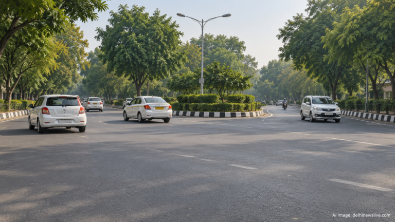 पेड़ों और कारों वाले दिल्ली के सड़क जंक्शन का सांकेतिक AI चित्र