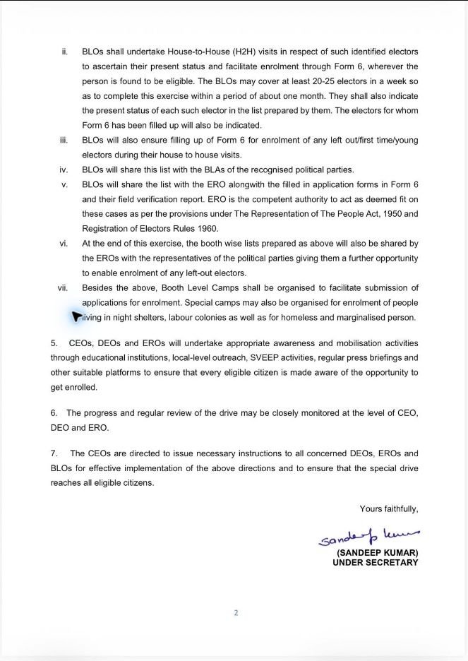 ECI ने SIR से पहले-बाद की सूचियों की जांच, छूटे मतदाताओं के लिए घर-घर अभियान का आदेश दिया ECI special enrolment drive directions, page 2