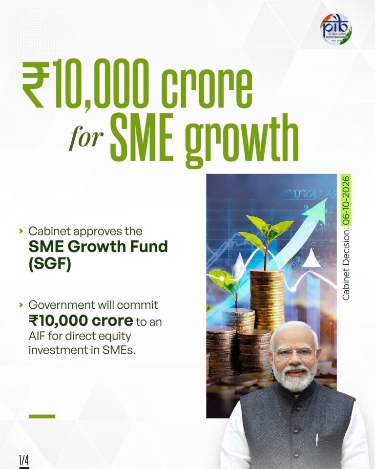 एसएमई ग्रोथ फंड को ₹10,000 करोड़ की मंजूरी, सीधे इक्विटी निवेश से मिलेगा समर्थन ₹10,000 करोड़ के एसएमई ग्रोथ फंड की घोषणा का पूर्ण आधिकारिक PIB चित्र