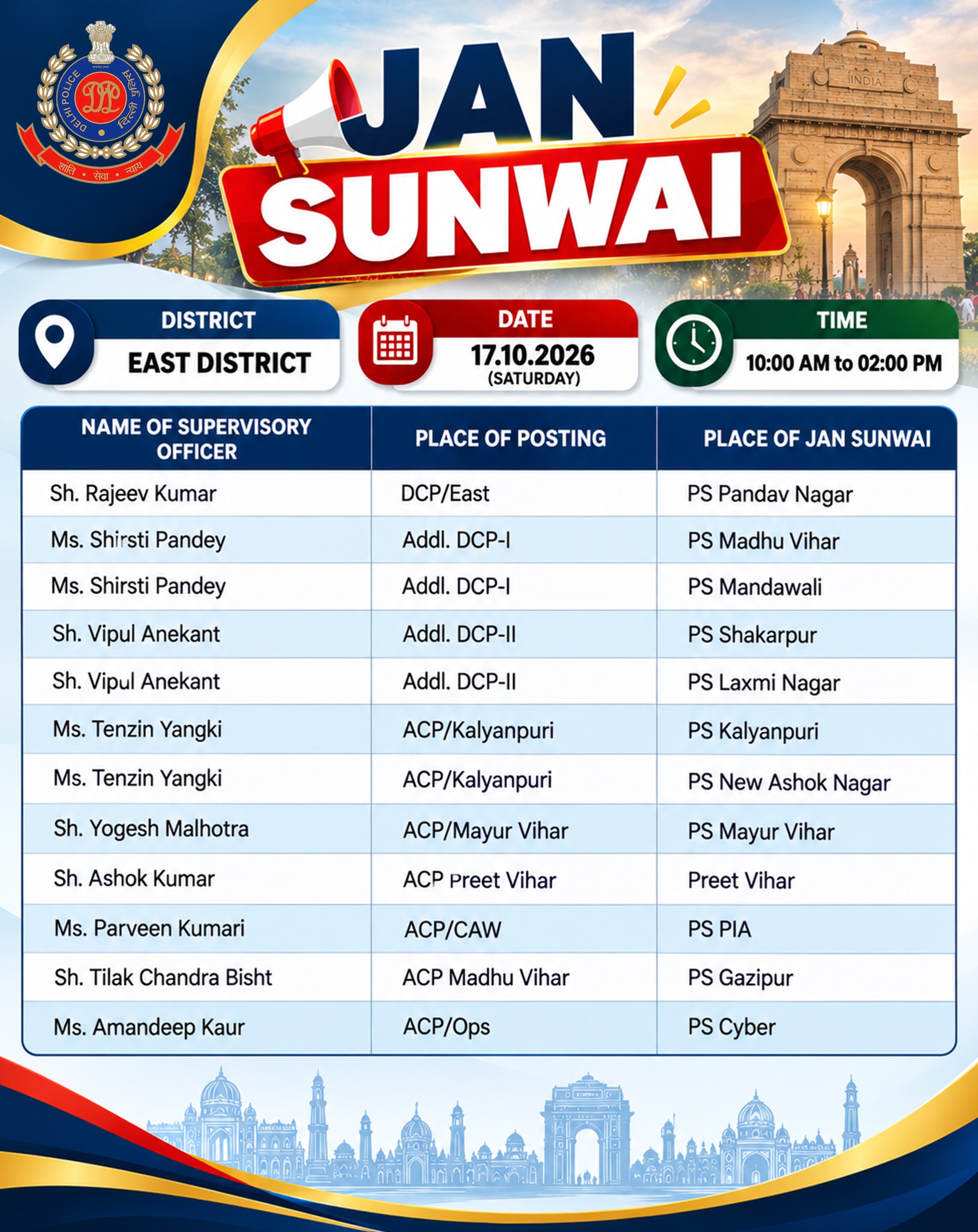पूर्वी और दक्षिण-पूर्वी दिल्ली में 17 अक्टूबर को थाना दिवस; सुबह 10 से दोपहर 2 बजे तक जनसुनवाई पूर्वी और दक्षिण-पूर्वी दिल्ली में 17 अक्टूबर को थाना दिवस; सुबह 10 से दोपहर 2 बजे तक जनसुनवाई