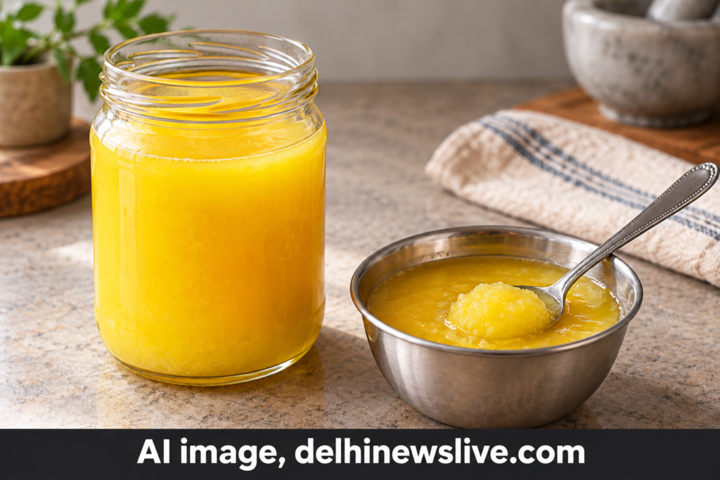 कांच के जार और स्टील के कटोरे में घी की AI से बनाई गई प्रातिनिधिक तस्वीर; AI image disclosure stamp