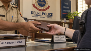 कालकाजी के इंस्पेक्टर ने रातभर तलाश कर अमेरिकी नागरिक का खोया पर्स लौटाया AI image: खोया पर्स लौटाती पुलिस का सांकेतिक चित्र। delhinewslive.com.