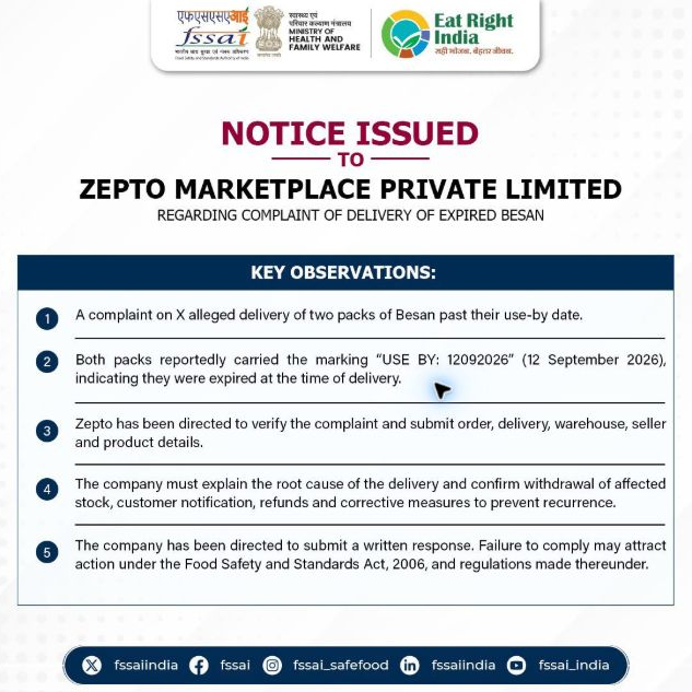 एक्सपायर बेसन की डिलीवरी की शिकायत पर Zepto को FSSAI का नोटिस, तीन अन्य कंपनियों पर भी कार्रवाई एक्सपायर बेसन की शिकायत पर Zepto को FSSAI का नोटिस