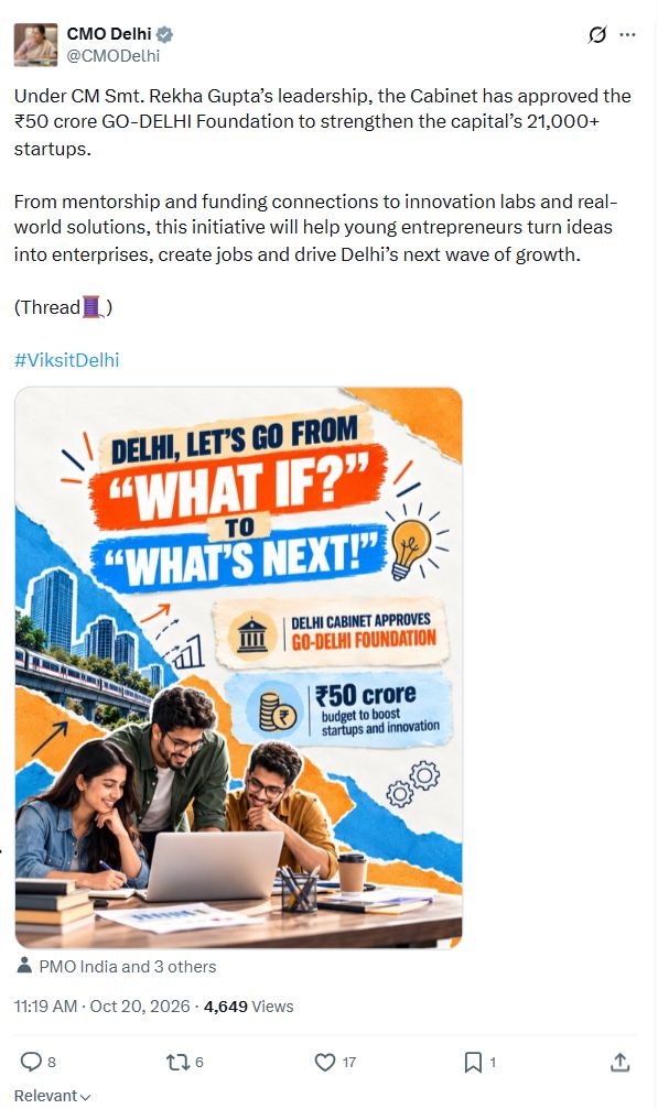 GO-DELHI फाउंडेशन: स्टार्टअप सहायता के लिए दिल्ली कैबिनेट ने 50 करोड़ रुपये मंजूर किए GO-DELHI फाउंडेशन के लिए 50 करोड़ रुपये की मंजूरी पर दिल्ली सीएमओ की 20 अक्टूबर 2026 की पूरी पोस्ट