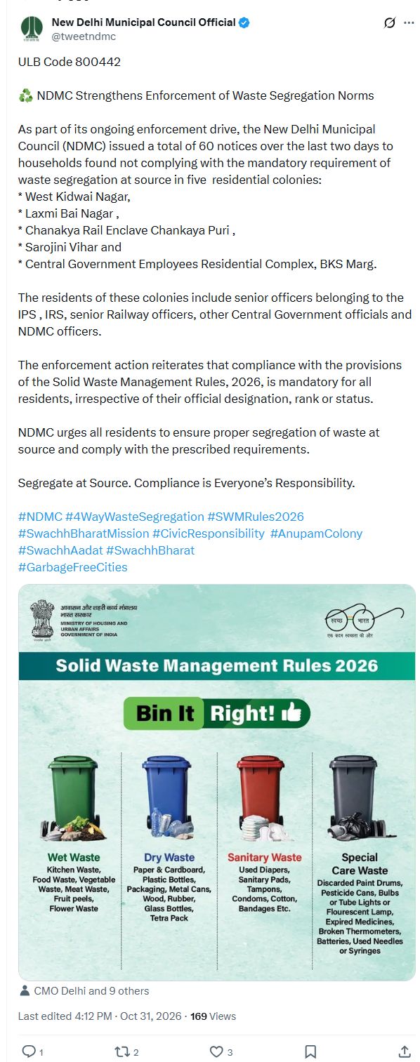 कचरा अलग नहीं करने पर पांच रिहायशी कॉलोनियों में NDMC ने 60 नोटिस जारी किए 60 नोटिस और कचरे की चार श्रेणियों पर NDMC का पूरा मूल एक्स पोस्ट