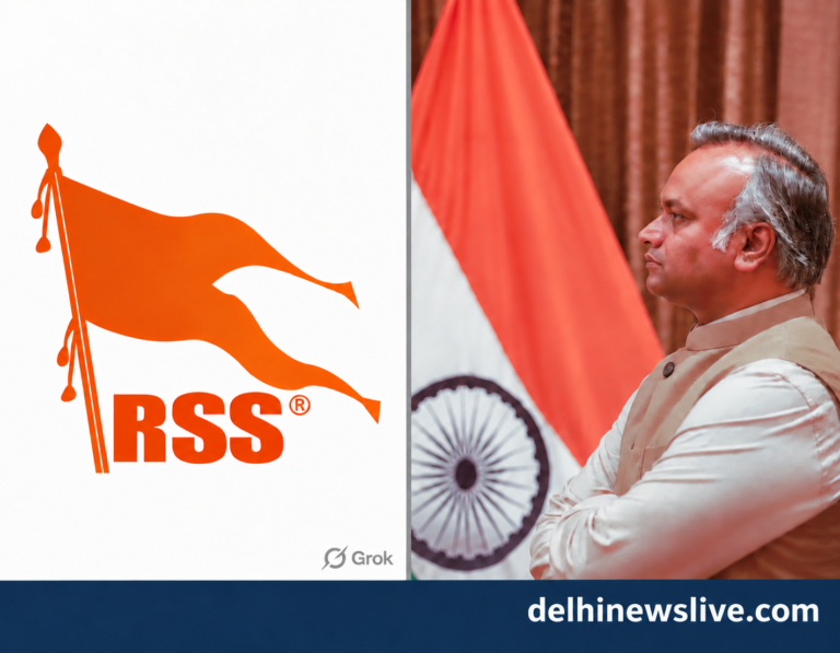 बाईं ओर RSS ग्राफिक और दाईं ओर प्रियंक खरगे की प्रोफाइल तस्वीर का संपादकीय कोलाज