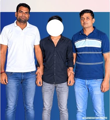 सरिता विहार पुलिस के ग्राफिक का चित्र, स्रोत पर एआई जनरेटेड फोटो का लेबल और चेहरे की मूल मास्किंग बरकरार