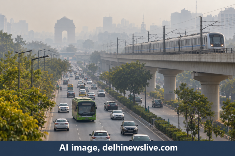 दिल्ली की प्रदूषण सलाह के संदर्भ में मेट्रो, बस और सड़क यातायात का AI-निर्मित प्रतीकात्मक दृश्य